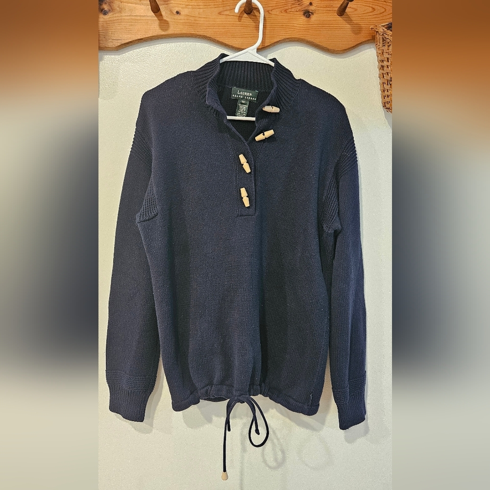 Lauren Ralph Lauren Mock Neck Toggle Closure Navy Blue Cotton Sweater Sz Medium